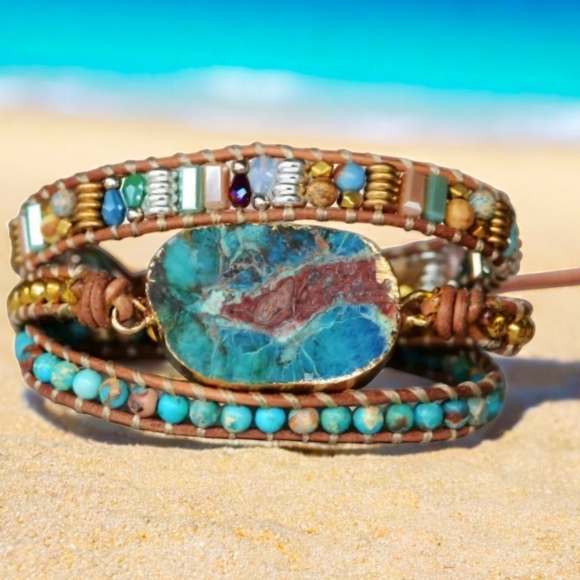 🆕️Boho-Chic 3-Layer Leather Wrap Bracelet | Chrysocolla Jasper 🌊 Natural Stone - Picture 1 of 11